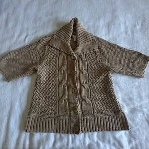 Chicos Sweater Womens 2 L Tan Chunky Cable Knit Short Sleeve Button Cardigan
